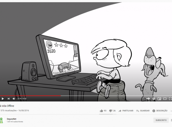 Cartoon a preto e branco de um jovem ao computador e um cão a pular ao lado dele.