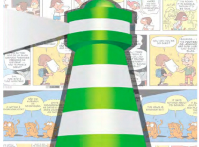 Farol às riscas verde e branco com tiras de banda desenhada como fundo da imagem. Título Notícias Falsas